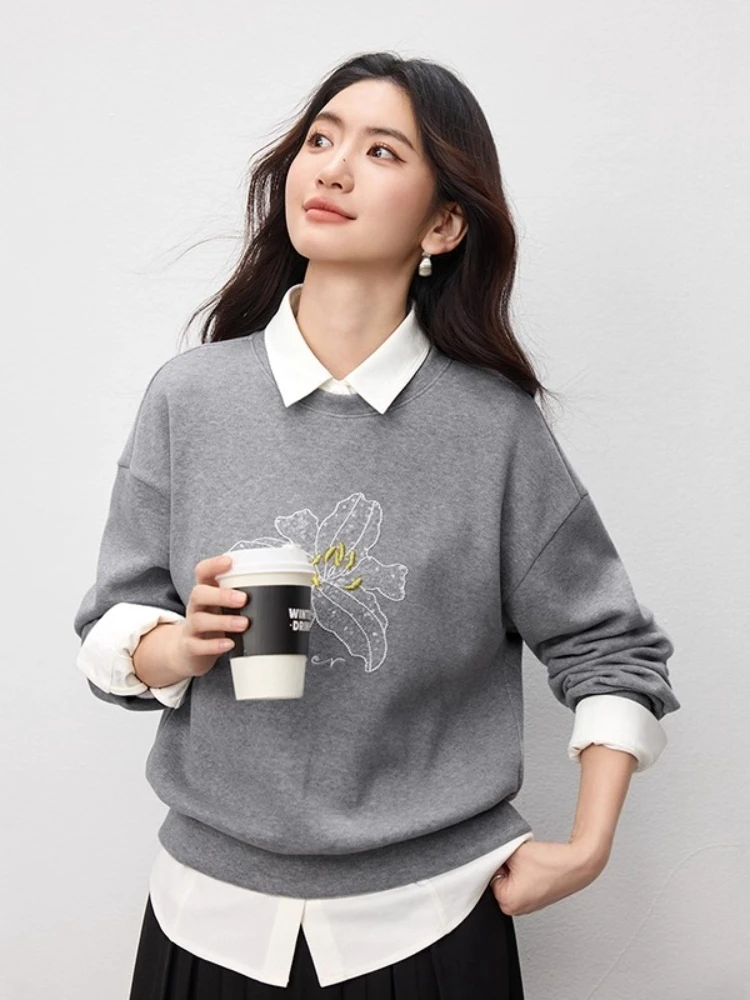 SENTUBILA Knitted Sweatshirts for Woman 2025 Autumn Winter O Neck Loose Pullovers Casual Letter Embroidered Sweaters 153AC3453