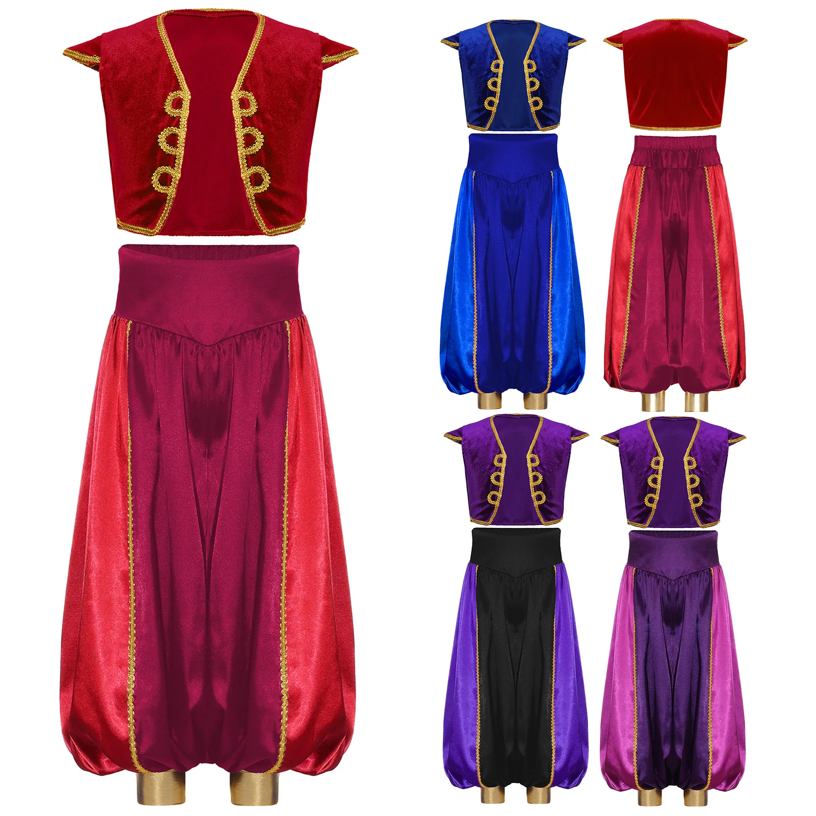 مجموعة أزياء الأمير الهندي العربي، صدرية بأكمام قصيرة وسراويل رقص عربية عالية الخصر لحفلات الهالوين #5