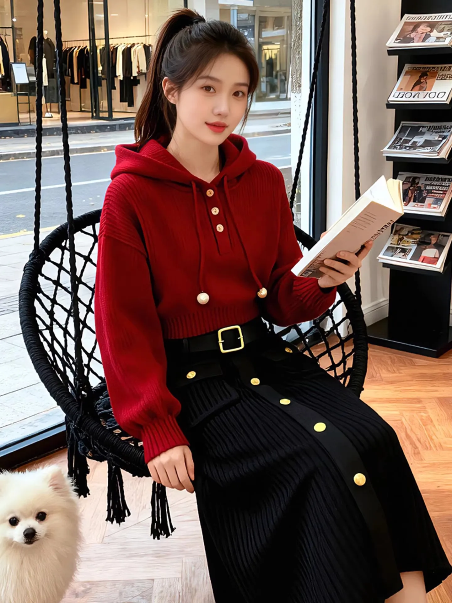 Zoete zachte Cisas rode trui met capuchon dames Sle herfst winter 2025, nieuwe afslankende veelzijdige basislaag top