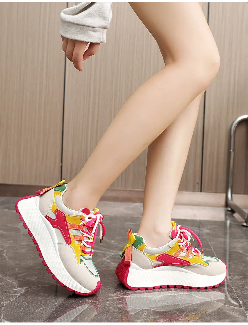 New lace up wedged trainers woman platform shockproof shoes women white faux leather sneakers students wedge sports shoes casual S71d486af14da4a25b0970297f9b82776k