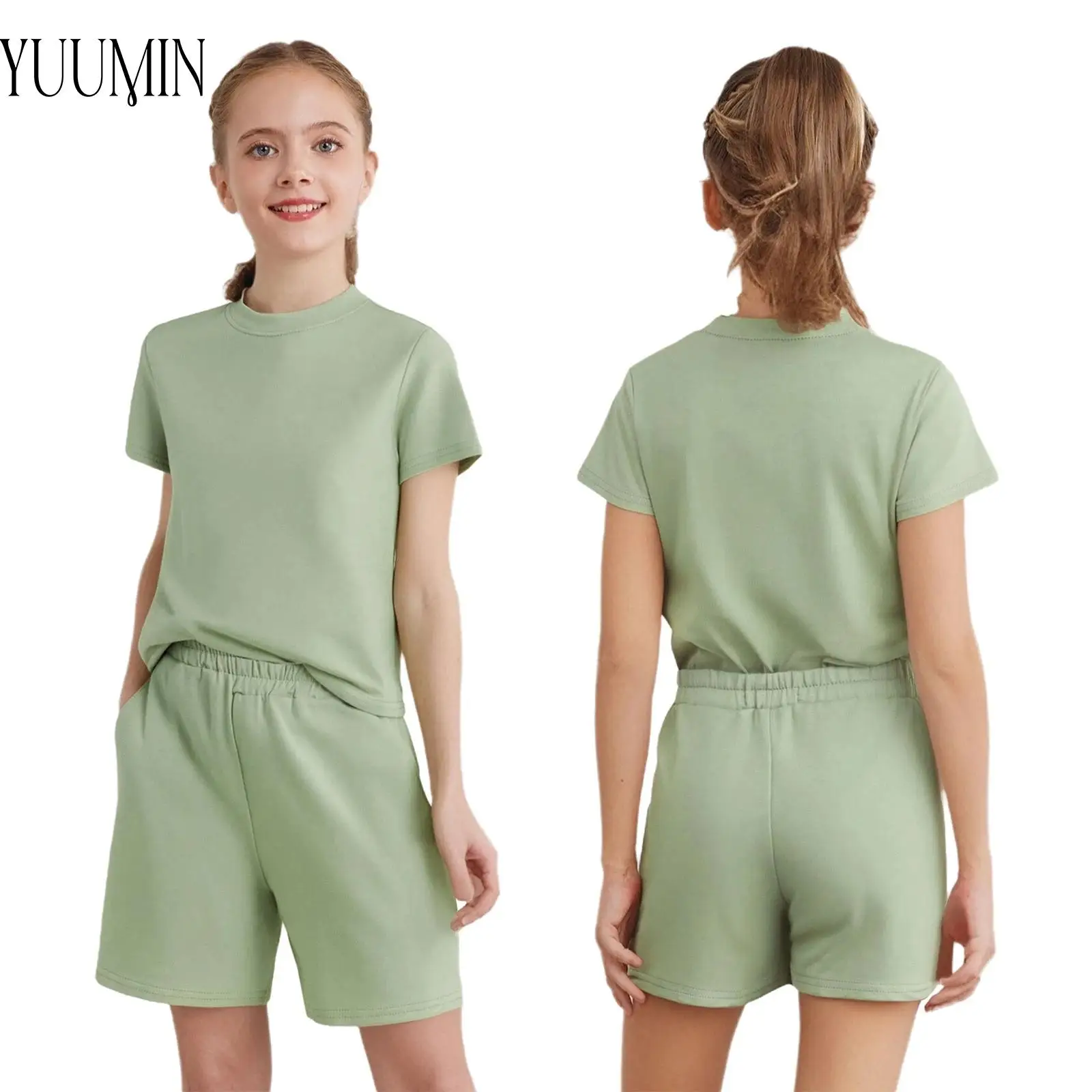 

Kids Girls 2-Piece Casual Sports Outfit Short Sleeve T-shirt with Shorts for Holiday Travel Vacation Park Beachwear Streetwear
