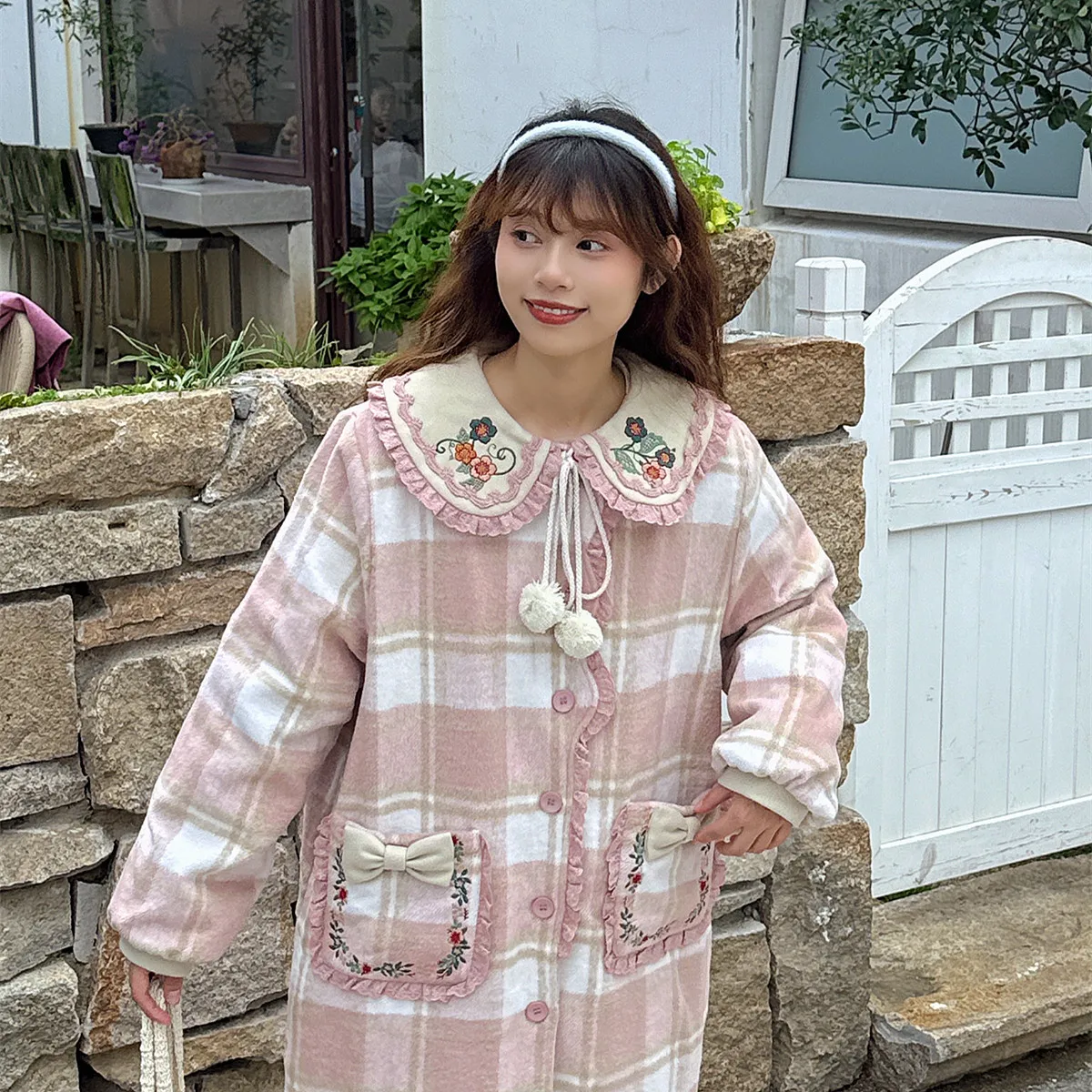 Vintage Embroidery Plaid Woolen Coat Women Autumn Japanese Mori Girls Peter Pan Collar Kawaii Long Jacket Casual Loose Outwear