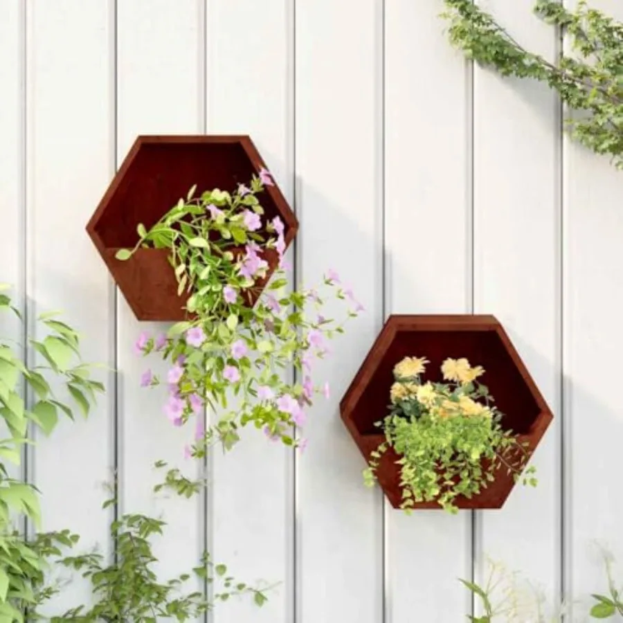 Wall Planter Set Of 2 For Outdoor Use, Rusty Corten Steel, Warm Rust Color, Weather-Resistant And Self-Draining Design