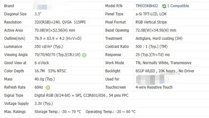 TM035KDH03 TM035KDH04 TM035KBH02 Tela LCD original de 3,5 polegadas