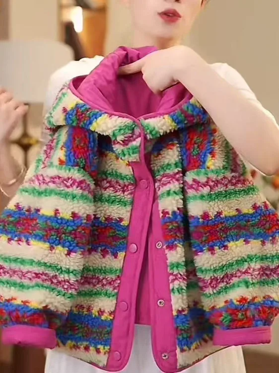 معطف شتوي طويل من فرو الخروف للفتيات قابل للارتداء على الوجهين مع قبعة دافئة أنيقة على الطراز الكوري للنساء