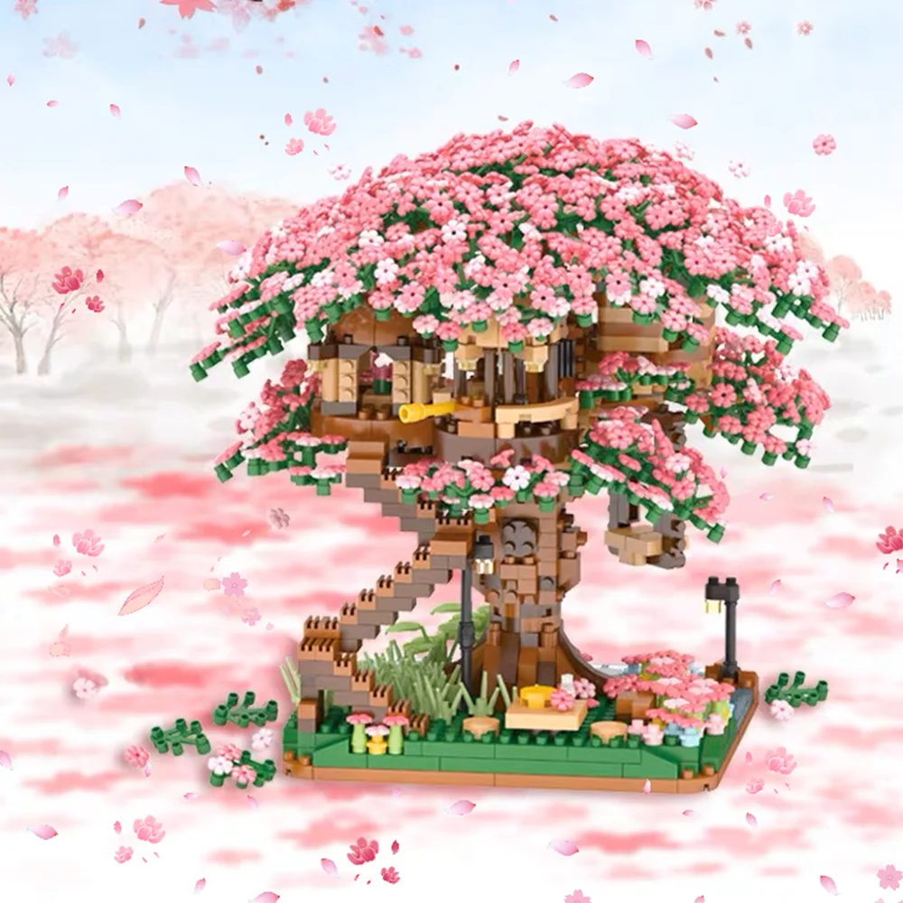 

2028PCS treehouse, cherry blossoms, miniature building blocks, collectible model set, living room decoration building blocks,