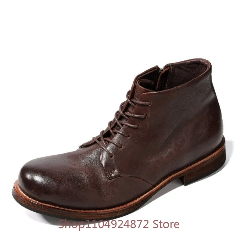 Vintage Handmade Men Ankle Boots Men's Brown Genuine Leather Lace Up Side Zipper Casual Work Chelsea Boots Male Walking Shoes