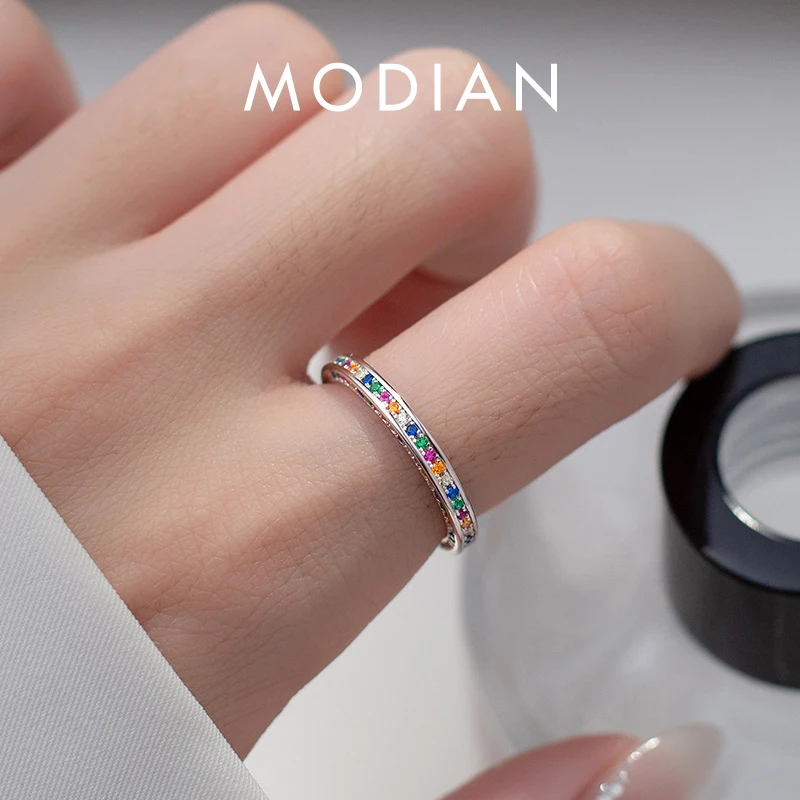 

MODIAN Fashion Authentic 925 Sterling Silver Rainbow Color Cubic Zirconia Adjustable Finger Rings For Women Fine Jewelry Anel