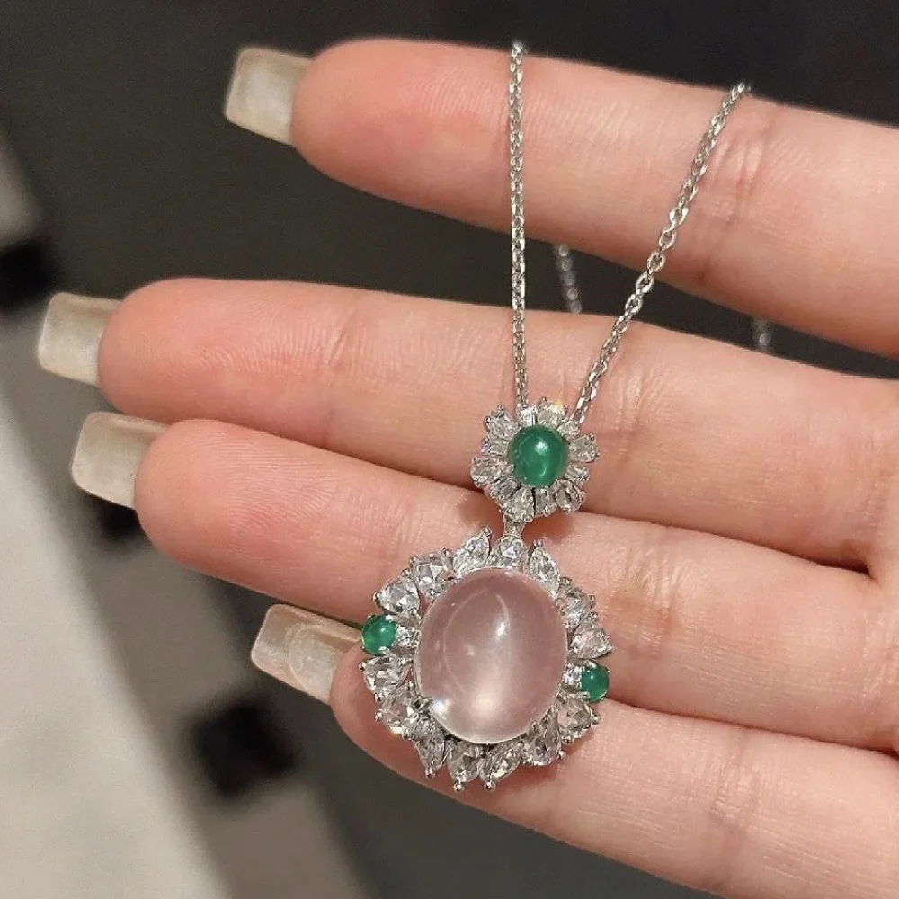 

New in Chinese style natural ice chalcedony round green necklace silver 925 vintage flower pendant collar chain wedding jewelry