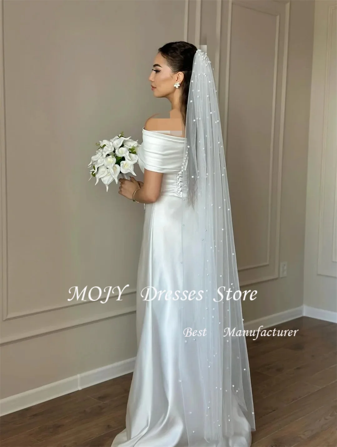 Mojy Satin A-Line vestidos de novia Exquisite Off The Shoulder Bridal Gown Ivory Pleat Wedding Dress Customized