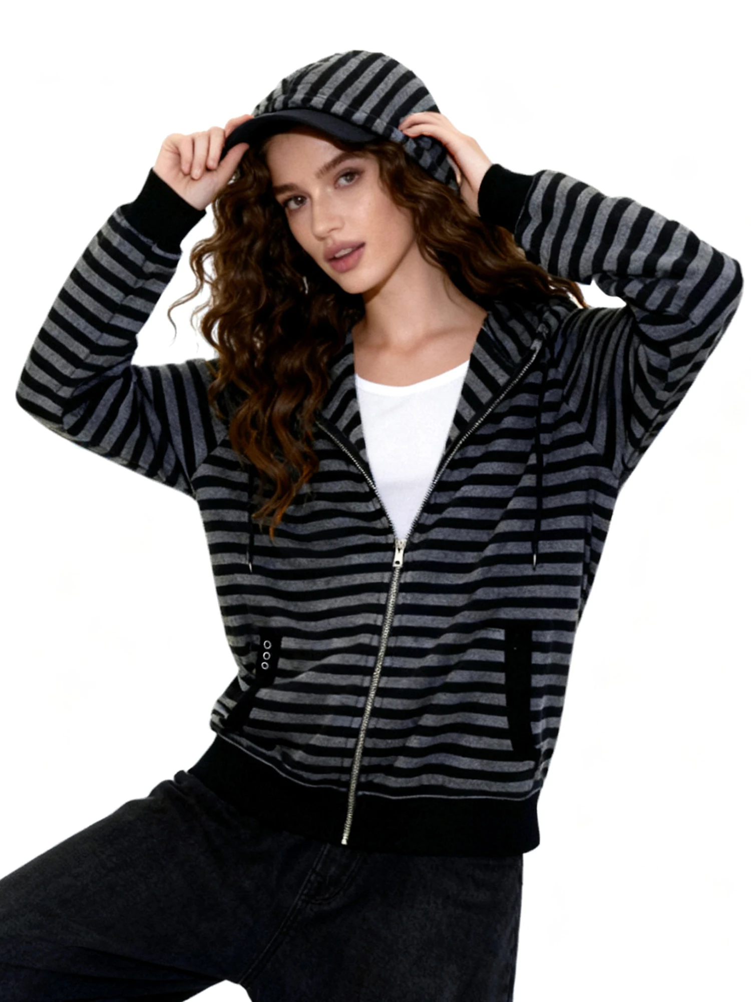 

Женские легкие толстовки на молнии с карманами и шнурком — повседневные полосатые толстовки с длинными рукавами на осень и