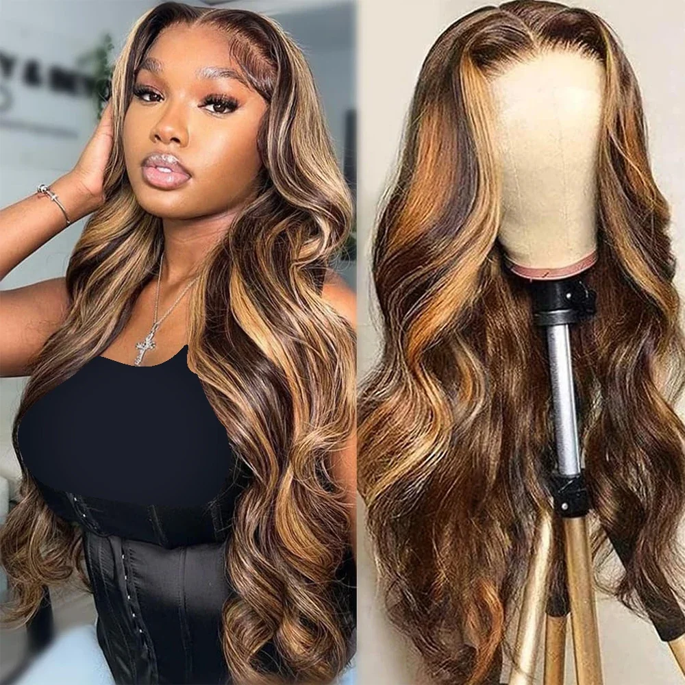 

250% 34 inch 4/27 Highlight Body Wave 13x6 Lace Front Wig Human Hair Water Wave Transparent Lace Frontal Wig For Women