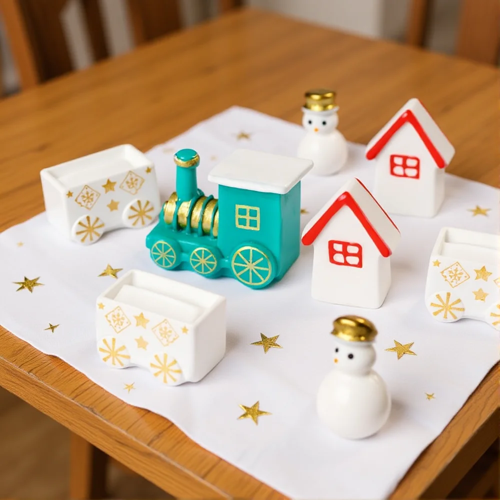 New DIY Small Train Set Christmas Snowman Ornament Resin Miniature Ornaments Tabletop Decor Miniature Train Set Resin Crafts
