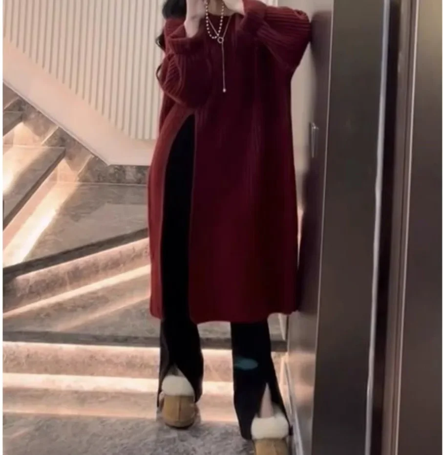 الكورية كسول نمط محبوك فستان المرأة أوائل الخريف جديد فضفاض فوق الركبة منتصف طول سترة فستان جولة الرقبة كم كامل #4