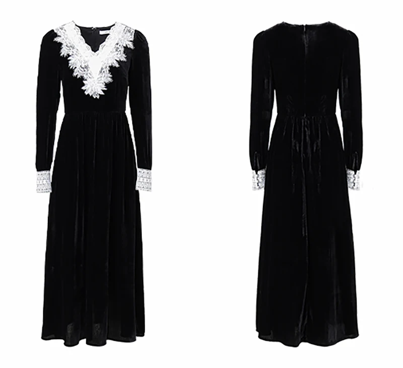 فستان نسائي من الحرير المخملي الطبيعي بالكامل مع حواف من الدانتيل، نمط طويل برقبة على شكل حرف V، أنيق وراقي، ملابس كاجوال وعصرية.