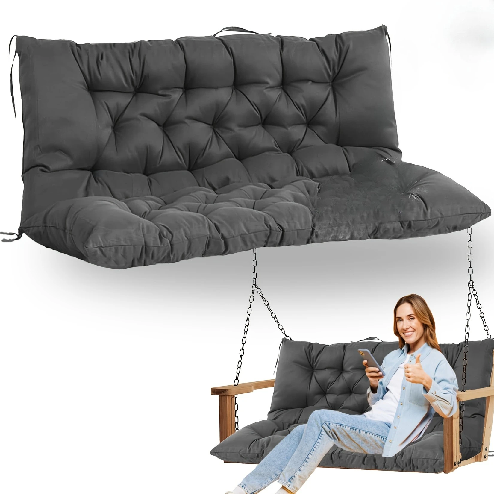 Terrassen-Schaukelstuhlkissen, wetterfest, dick, mit Bändern, Rückenlehnenkissen für ergonomische Lendenstütze, für 2-3 Sitzplätze, als Ersatz – Detail 3