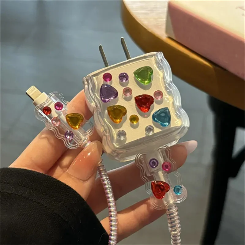 Korea Cute Color Love Heart Diamond Clear Charger Cover For IPhone 13 14 18W-20W Silicone Charge Protection Cover Charger Sleeve