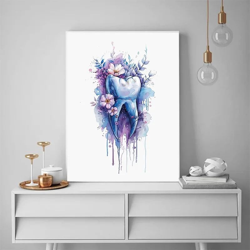 Dental Wall Art Watercolor Floral Tooth Anatomy Print Root Canal Treatment Painting Colorful Medical Office Decor Teeth Artwork