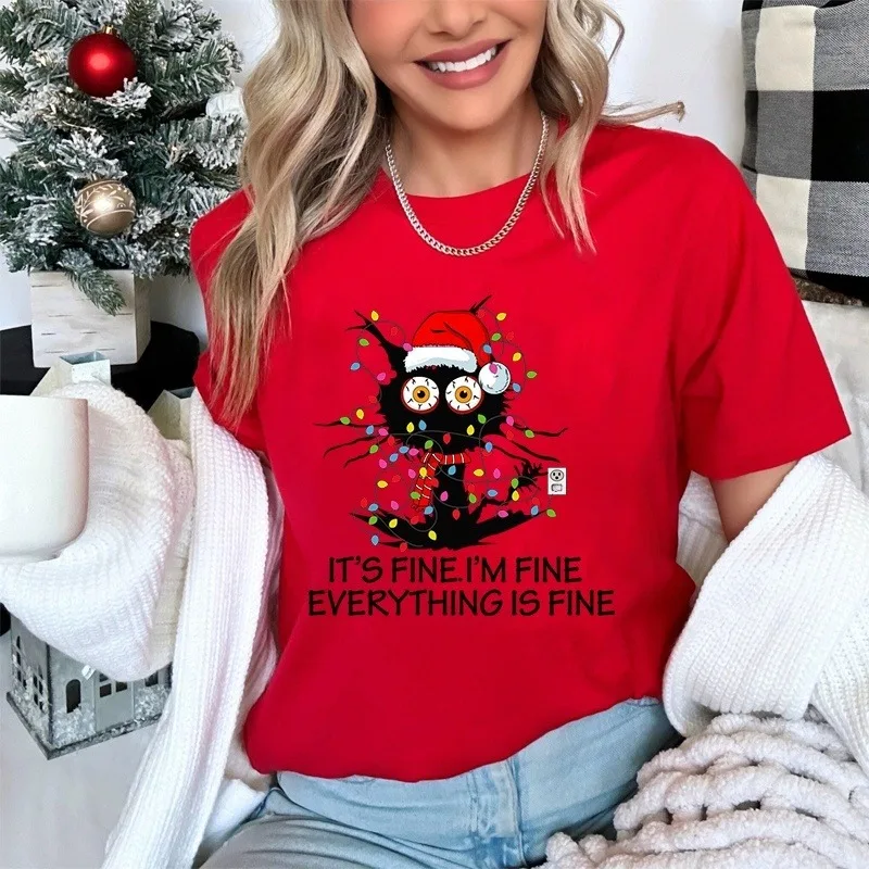 

Новинка 2025 года, рождественская повседневная женская дышащая быстросохнущая футболка с 3D принтом «Черный кот» и короткими рукавами в стиле ретро