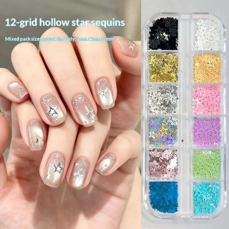 1 Set 12 Grids Hollow Star Nail Art Glitter Sequins Multiple Colors Individual Compartments For DIY And Salon Nail Art Use