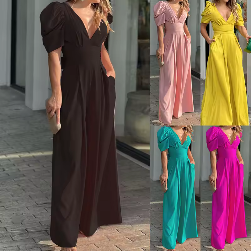 Verão outono nova cor sólida feminina elegante cintura mangas bolha com decote em v calças largas cintura alta macacão, várias cores