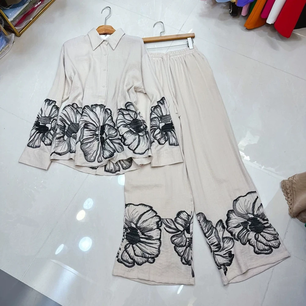 

European, American and Australian niche ink painting heavy three-dimensional embroidery linen shirt + casual pants set-GZXX268