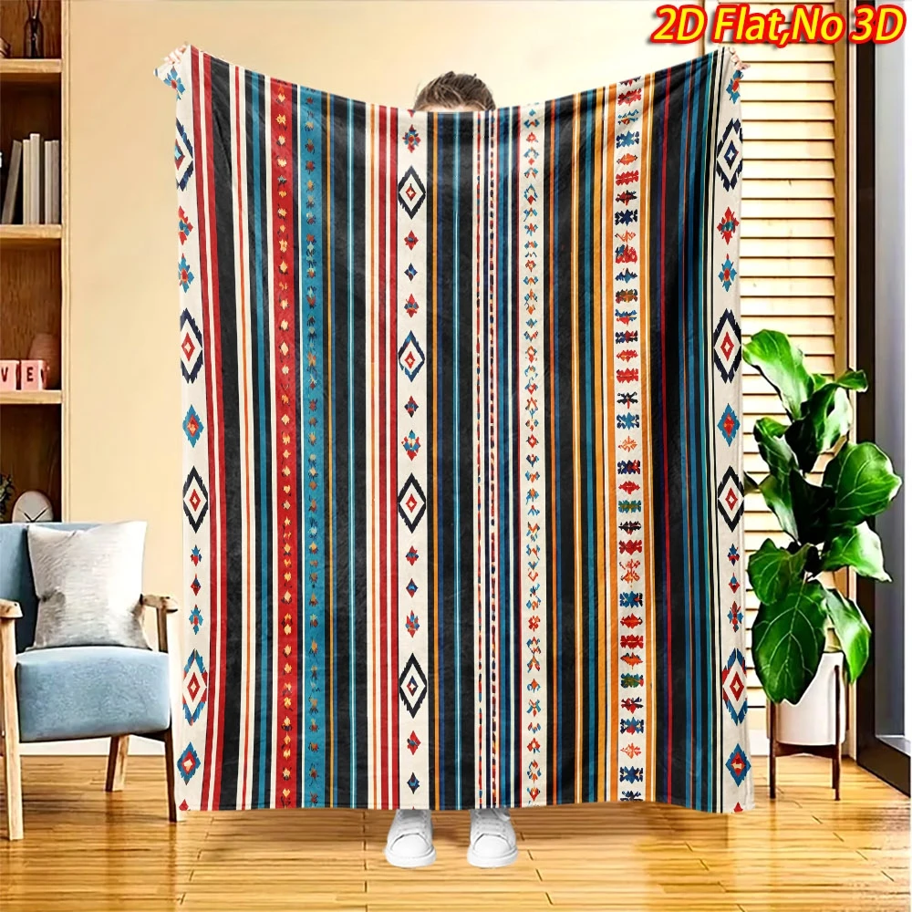 Cream Base Multi Color Vertical Stripe Tribal Diamond Aztec Ethnic Geometric Full Print Fluffy Blanket Warm Couch Cover Gift