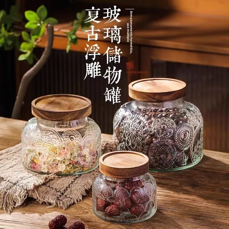 retro-hibiscus-pattern-glass-sealed-storage-jar-large-capacity-kitchen-use-for-dry-fruits-candies-snacks-home-storage