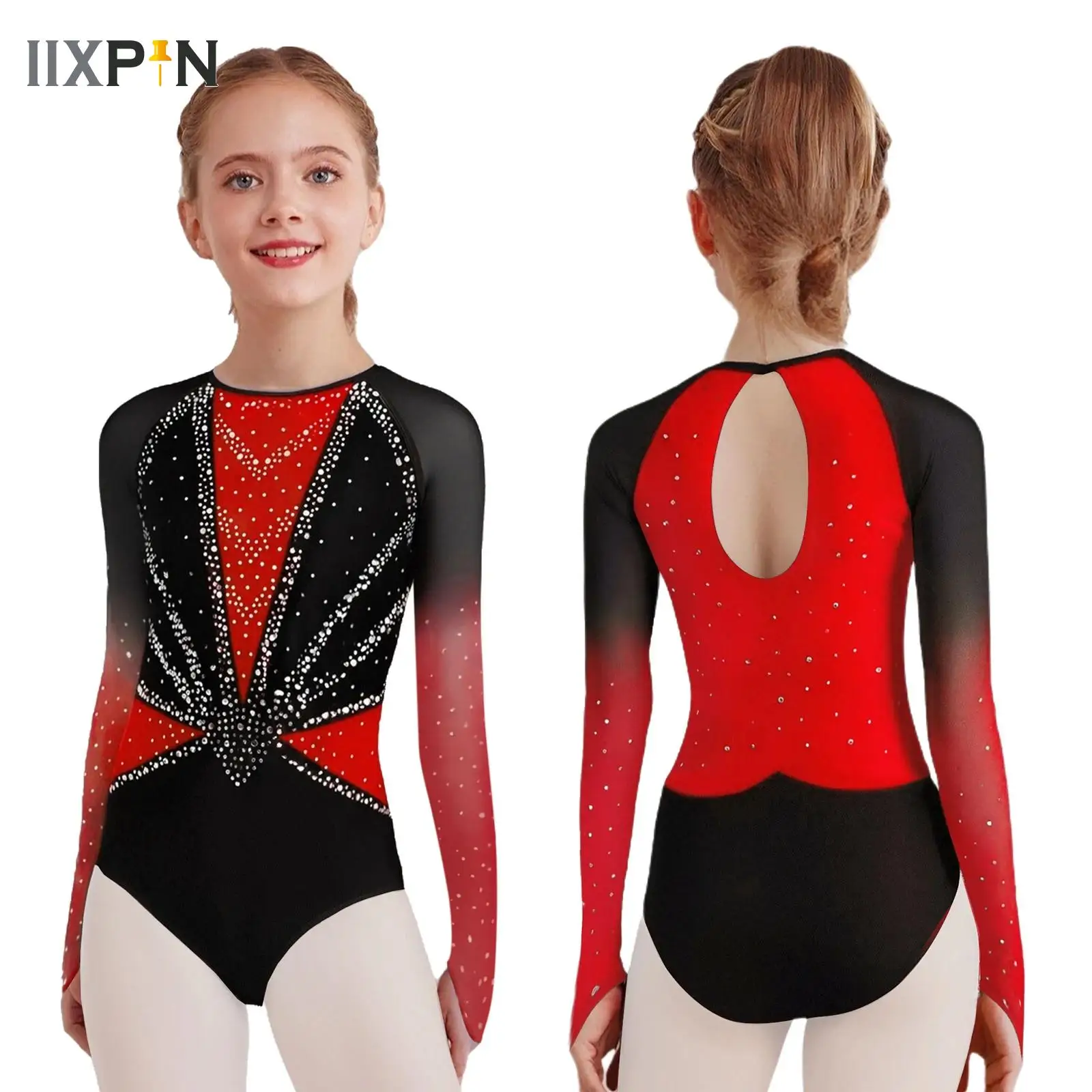 

Kids Girls Rhythmic Gymnastics Jersey Ballet Artistic Figure Skating Leotard Costume Rhinestone Long Sleeve Color Block Bodysuit
