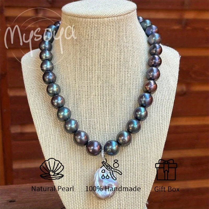 

MYSOYA 10-11mm Large Natural Black Freshwater Pearl Necklace With Pendant Gift Box Birthday Wedding Jewelry Gift For Women Men