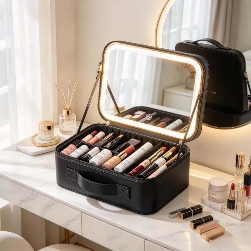 Portable Makeup Case, Cosmetic Organizer with LED Mirror, 3 Light Colors, Touch Controls and Removable Dividers, Classic Black