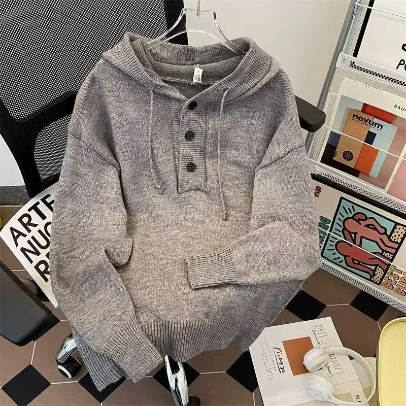 

Свободный однотонный вязаный свитер с капюшоном, мужской осенне-зимний универсальный свитер больших размеров, топ