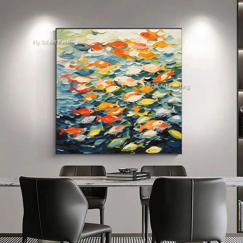 

Синяя абстрактная картина маслом ручной работы, оригинальный дизайн, красные и желтые рыбки, холст, настенное искусство, новая работа для домашнего декора в качестве подарков