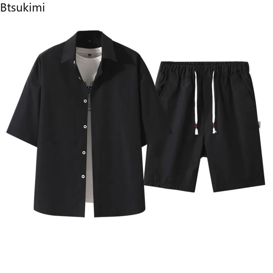 2025 Fashion Korean Style Men's Summer Casual Two Piece Sets High Street Trend Wear Handsome Short Sleeve Shirt+shorts Male Sets