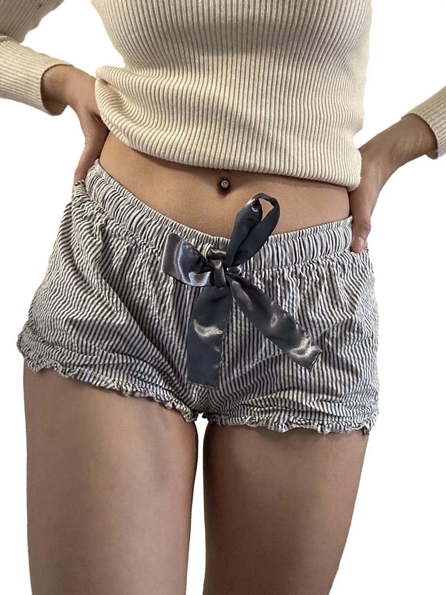 

Fashion Women’s Ruffle Hem Shorts 2024 Ladies Striped Print Elastic High Waist Booty Shorts Streetwear Loose Short Pants