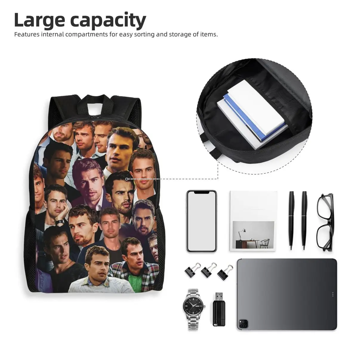 Theo James Photo Collage Backpack Student Boys Girls BookBag School Bag Computer Shoulder Bags