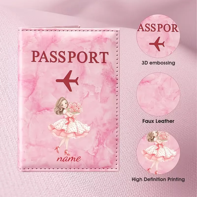 Personalized Custom Name Pink Romantic Girl Style Illustration Design PU Passport Holder, Featuring an Elegant Woman Holding