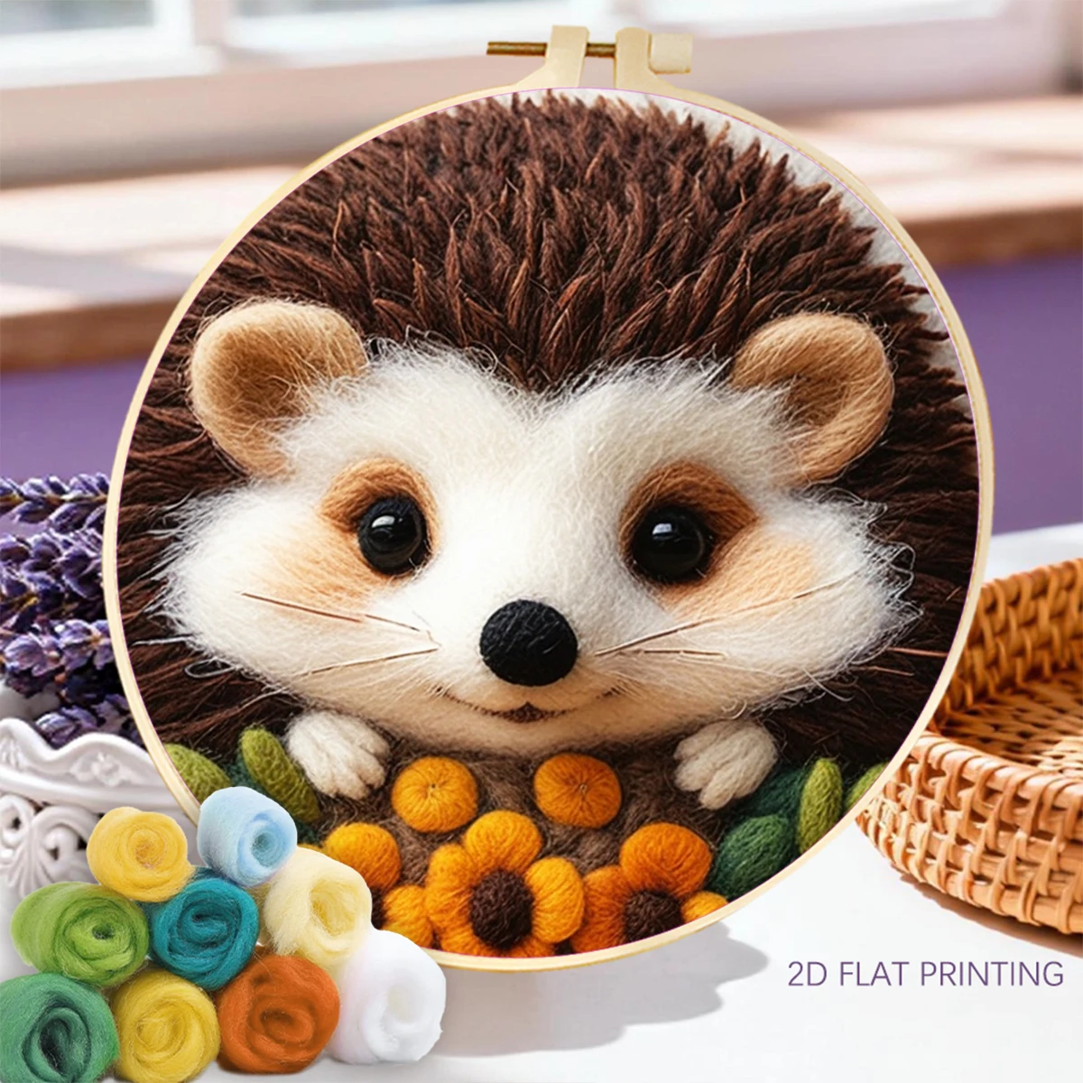 RUOPOTY Wool Painting For Adults Craft Hedgehog And Flower Supplies Animal Wool Felting Supplies Wall Art Hand Embroidery Kit