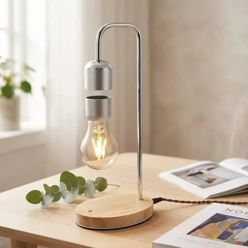 Gooseneck magnetic LED desk sensor light, wood and glass, modern design