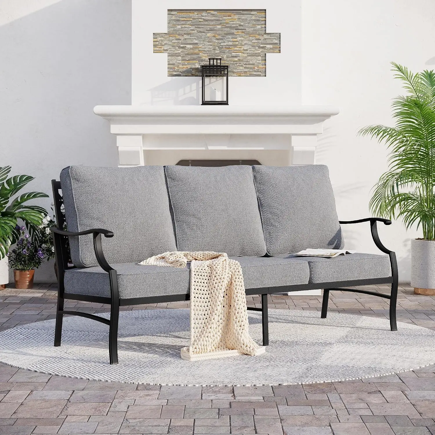 3 Seat Outdoor Patio Sofa, Gray Deep Seating Couch, All Weather Metal Frame, E-Coated Powder Coated, 900 lb Capacity