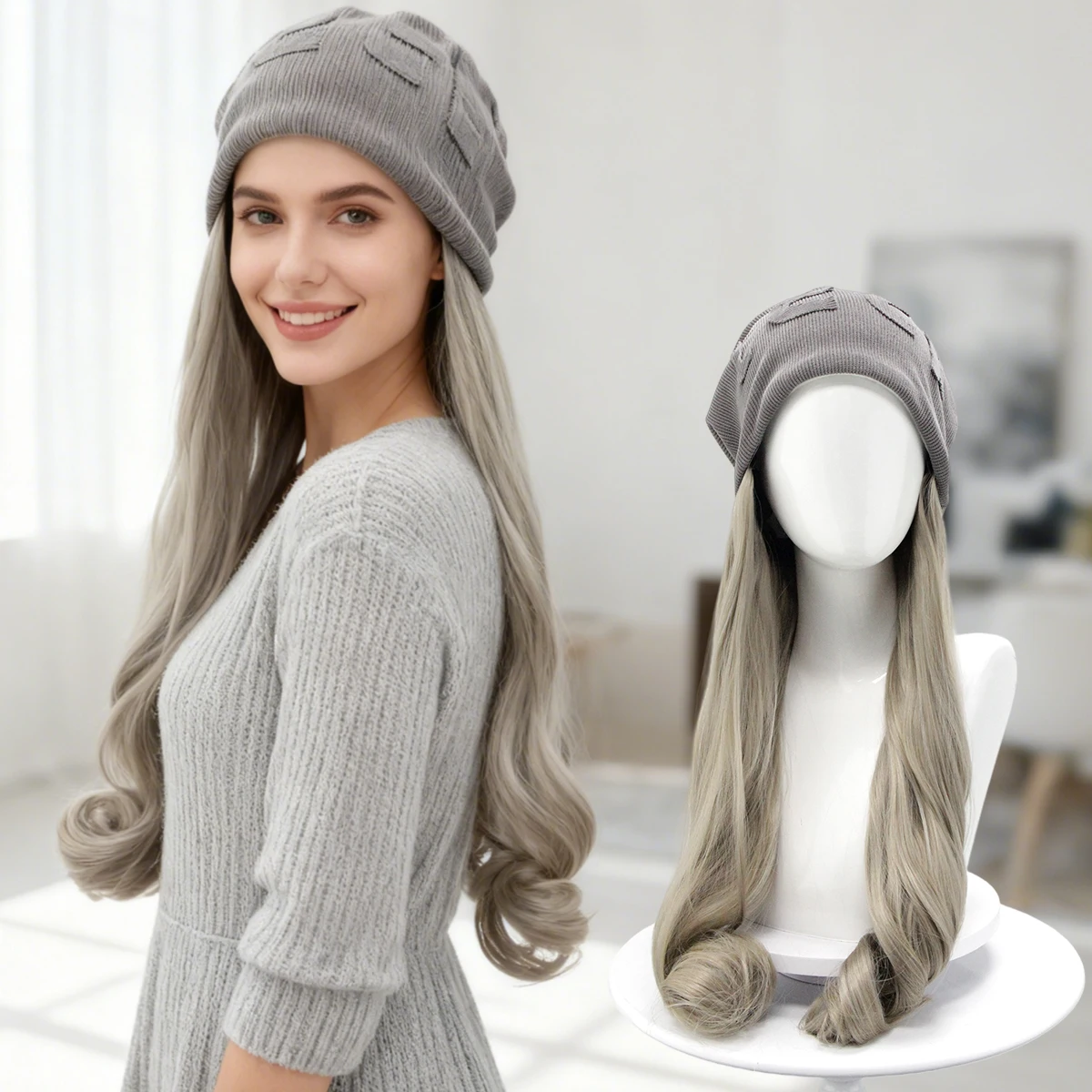 

One-Piece Hat Wig, Gray Beanie with Long Curly Hair, Ash Brown Long Curly Hair Wig Hat, Autumn Winter Beanie Wig