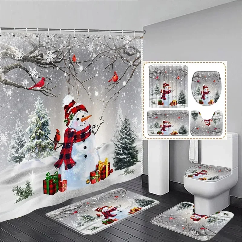 Inverno natal conjunto de cortina de chuveiro bonito boneco de neve pássaros vermelhos presentes floresta cedro ano novo natal decoração do banheiro tapete de banho capa de toalete