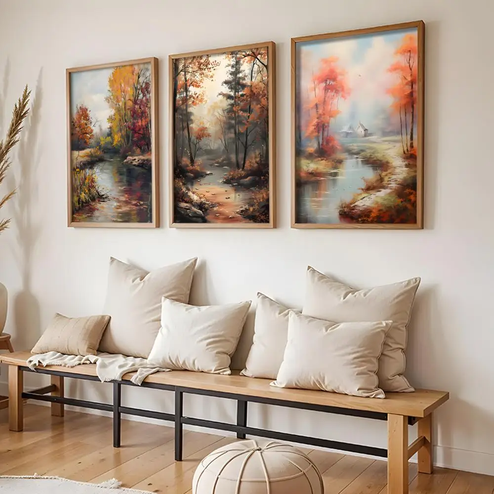 Autumn Forest The River Poster Stickers HD Painting Self-Adhesive Art for Bedroom Living Room Home Decor Modern Wall Decals Gift