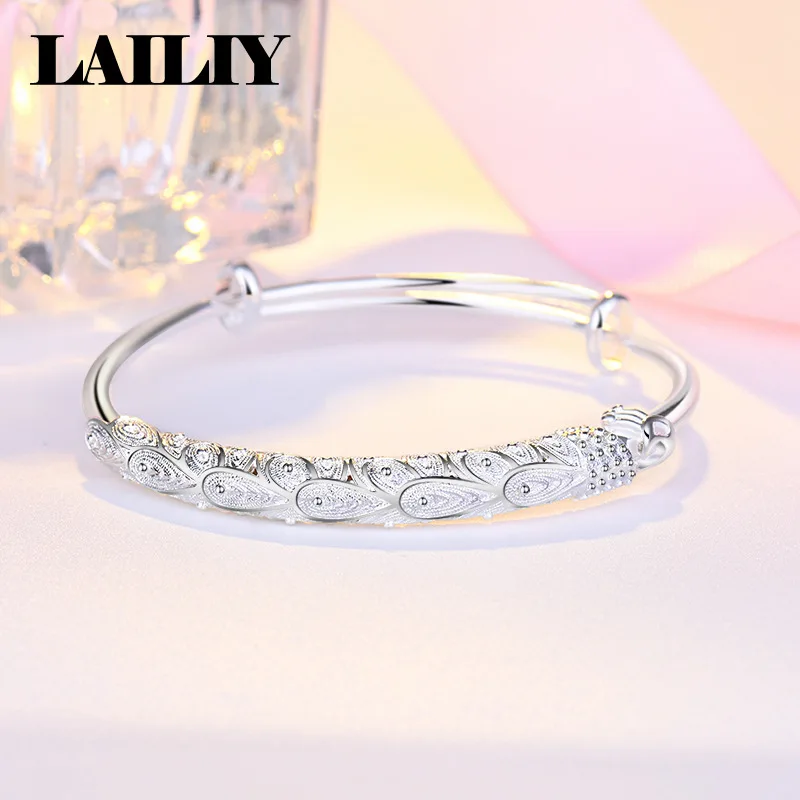 LAILIY 925 Sterling Silver Birthday Gift Party Peacock Style Push Pull Adjustable Bangle Bracelet For Women Girl Fashion Jewelry
