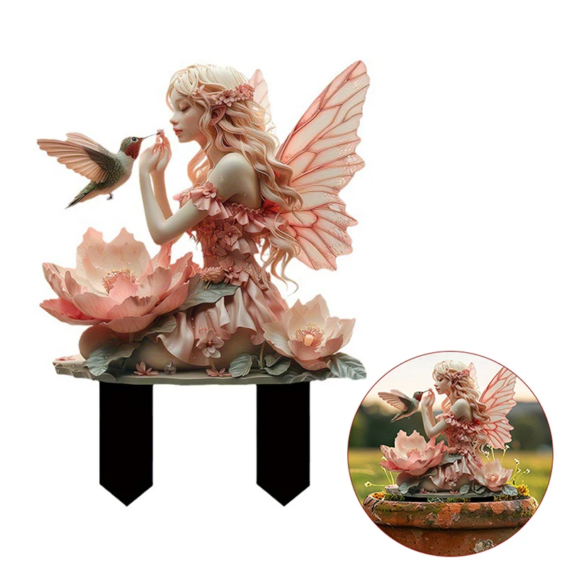 Acrylic Garden Pile Plant Pottery Wind Pink Ribbon Winged Fairy Hummingbird Outdoor Ground Insertion Garden Decoration