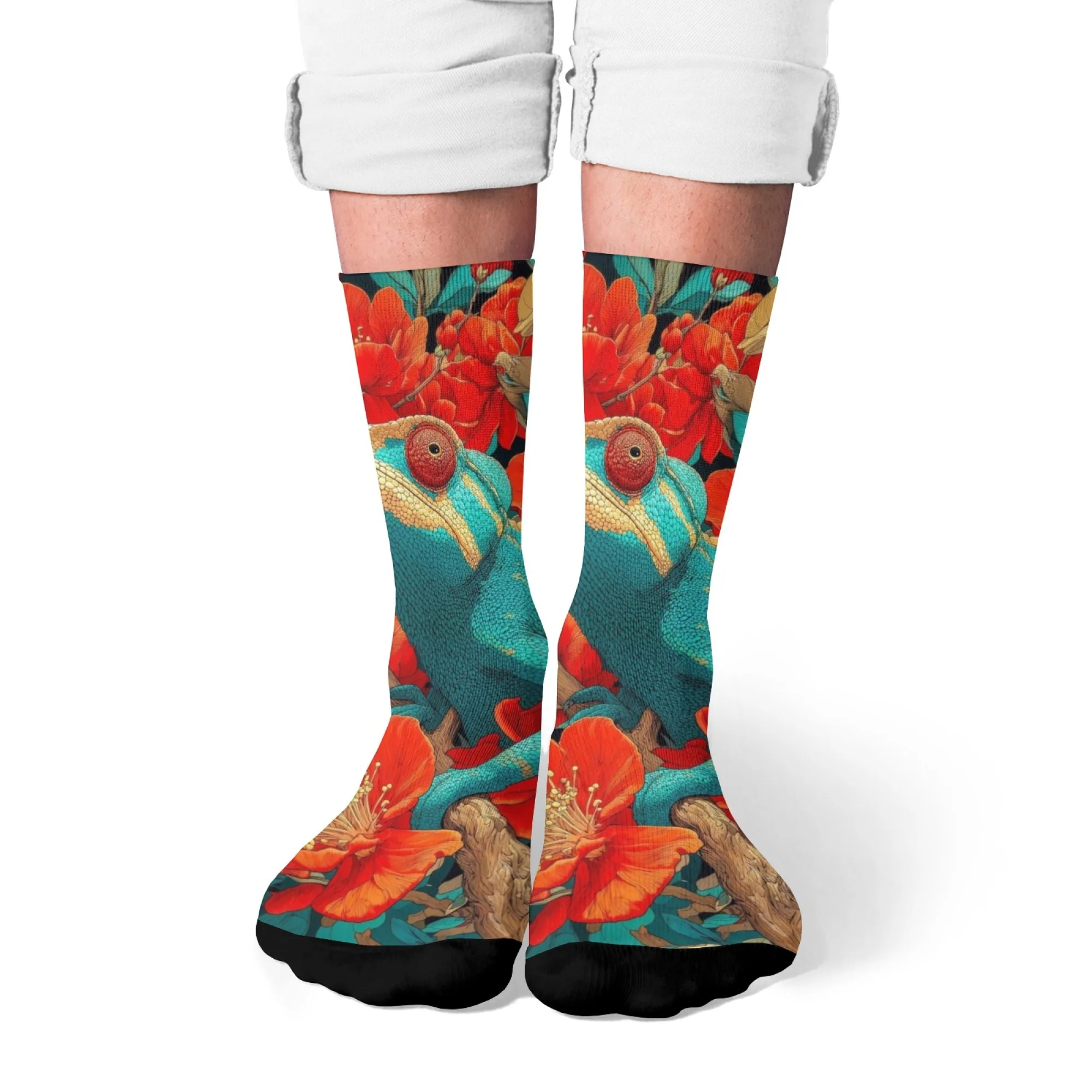 Unisex Retro-Chamäleon- und Blumenkunst-Crew-Socken, blau-rotes Tiermuster, weich, warm, für Tierliebhaber und Vintage-Modelbegeisterte