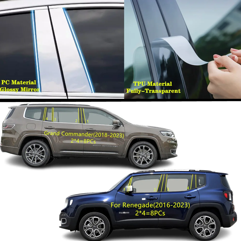 For Jeep Renegade(2016-2023)/Grand Commander 2018-2023 Car TPU/Glossy Mirror Pillar Post Cover Door Trim Window Molding Sticker