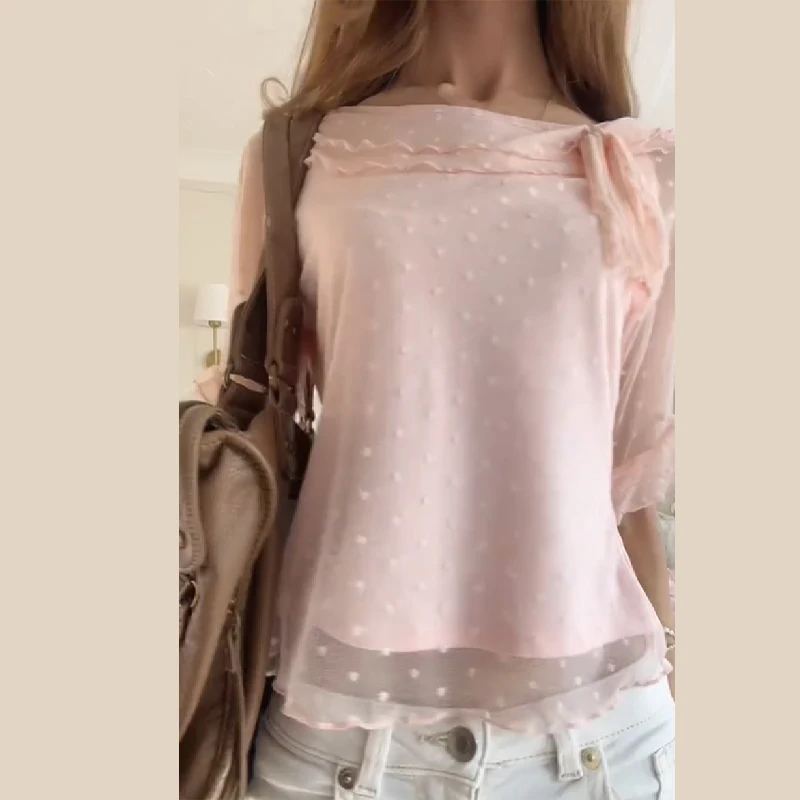 

Элегантная розовая блузка в горошек из прозрачной ткани, модный топ с открытыми плечами и рукавами-рюшами, универсальный наряд для вечеринок, клубов и свиданий, женская одежда 2026