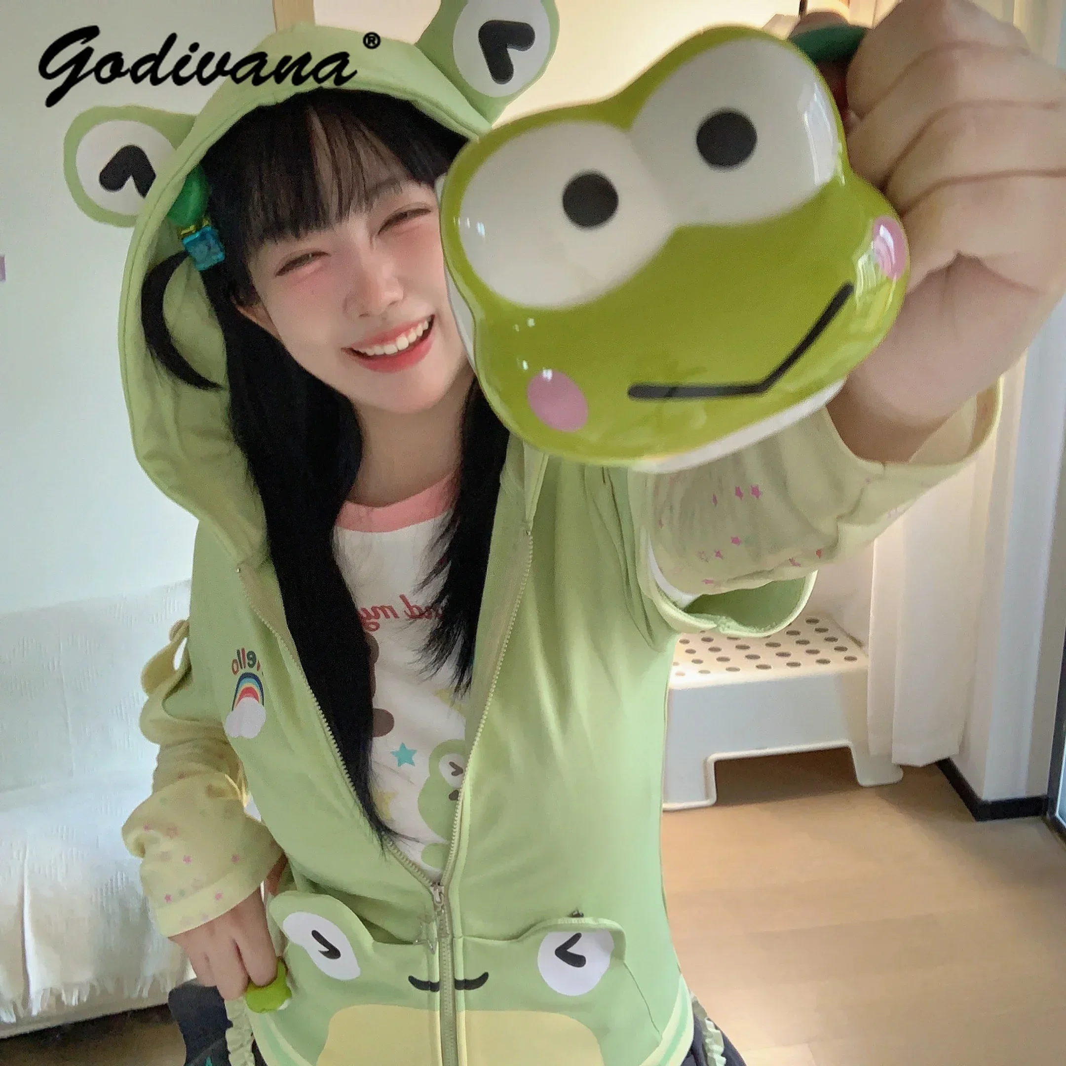 

Stars Printed Three-Dimensional Frog Cute Pocket Short Sleeve Jacket Female Girls Sweet Hoodie Coat