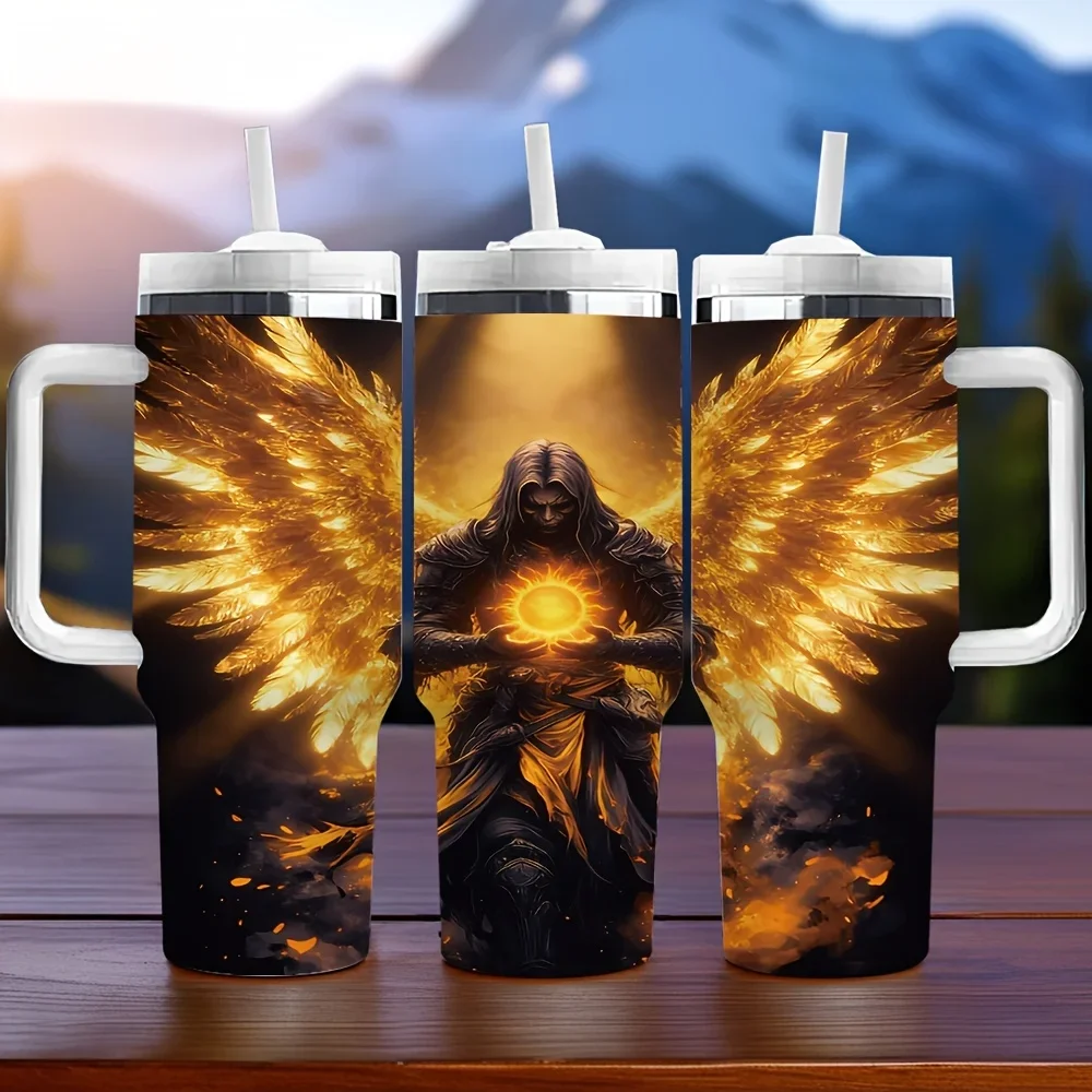 40oz Insulated Tumbler with Handle, Features Golden Winged Grim Reaper Print, Ideal Holiday And Birthday Gift, Suitable for Daily Use And Outdoor Activities, Keeps Drink Temperature Stable for Long Time